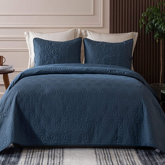 Microfiber Queen Size (92x88 inches) Quilt Set Lightweight Quilted Bedspreads Coverlets Set with Stars Pattern, Navy, 3 Piece (1 Quilt, 2 Shams)