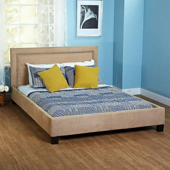Microfiber Queen Upholstered Bed with Nailheads, Beige