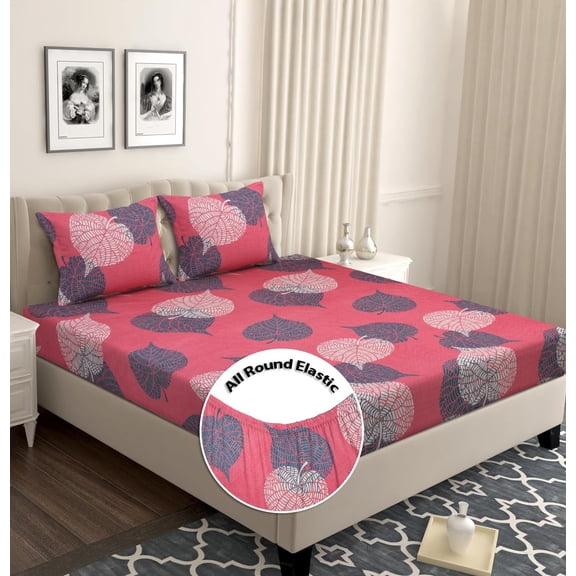 Microfiber All Round Elastic Fitted Bedsheets For King Size Bed With 2 Pillow Covers | 72x78+8 Inches, Light Pink & Grey - Breathable & Long Lasting Bedsheet