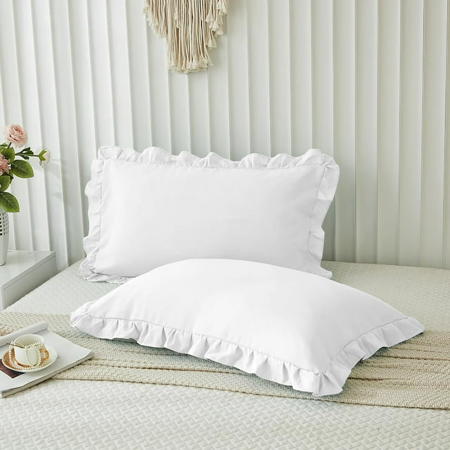 Grace Linen Ruffle Pillow Shams Queen Size Set of 2, 20X30 - Microfiber Soft & Breathable & smooth - Ruffle Pillowcases 20X30 - White