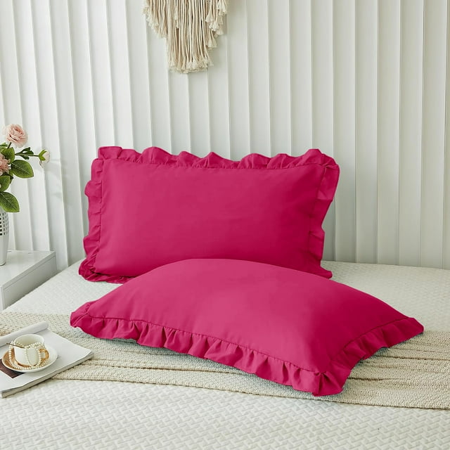 Grace Linen Ruffle Pillow Shams Standard King Size Set of 2, 20X36 - Microfiber Soft & Breathable & smooth - Ruffle Pillowcases 20X36 - Hot Pink