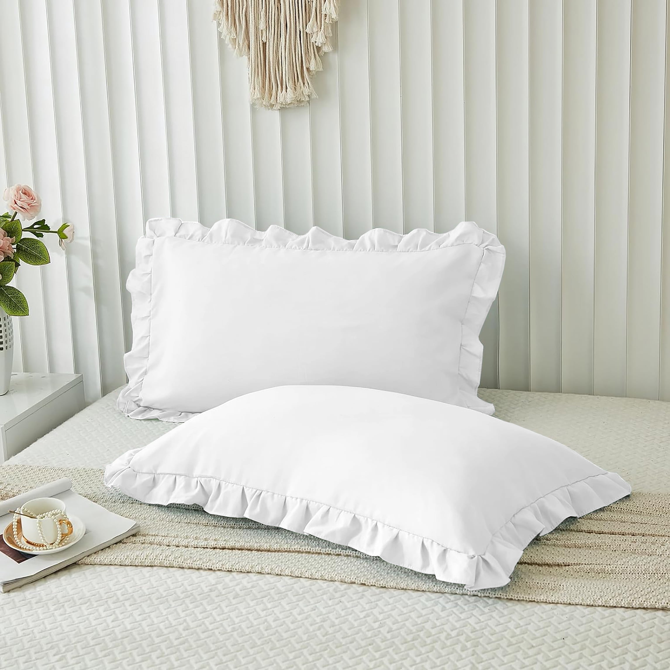 Grace Linen Ruffle Pillow Shams Standard King Size Set of 2, 20X36 ...