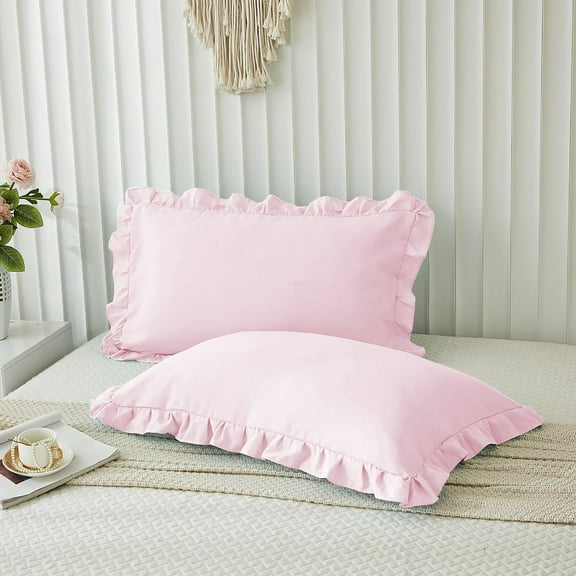 Grace Linen Ruffle Pillow Shams Standard Size Set of 2, 20X26 - Microfiber Soft & Breathable & smooth - Ruffle Pillowcases 20X26 - Baby Pink