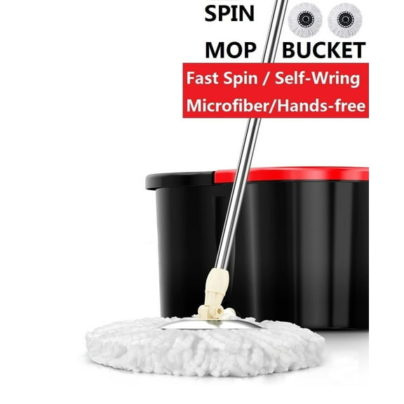 Microfiber Spin Mop, Hands-free Mop and Bucket with Wringer Set, Floor Cleaning System with Mop Refill, Black & Red