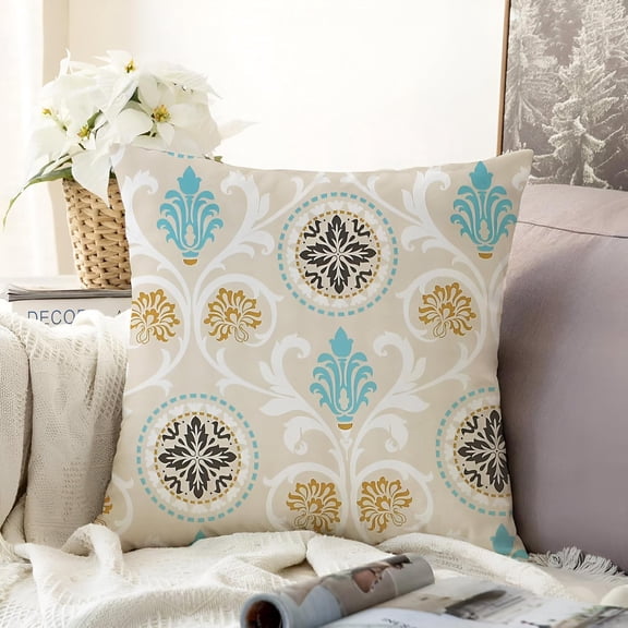 Microfiber Square Pillow Cushion For Sofa & Bed, Damask Beige - 12 X 12 Inch | Fluffy, For Comfortable Pillow, Back, Neck Support | Breathable, Washable, Removable Cover - Set Of 1