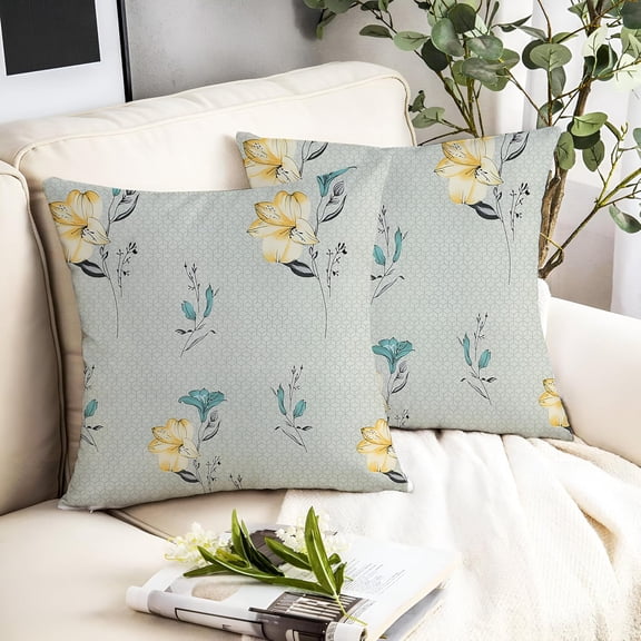 Microfiber Square Pillow Cushion For Sofa & Bed, Light Green - 16 X 16 Inch | Flower Deigns, Fluffy For Comfort & Back Support | Breathable, Premium Cotton Cushion Cover With Zip - Set Of 2