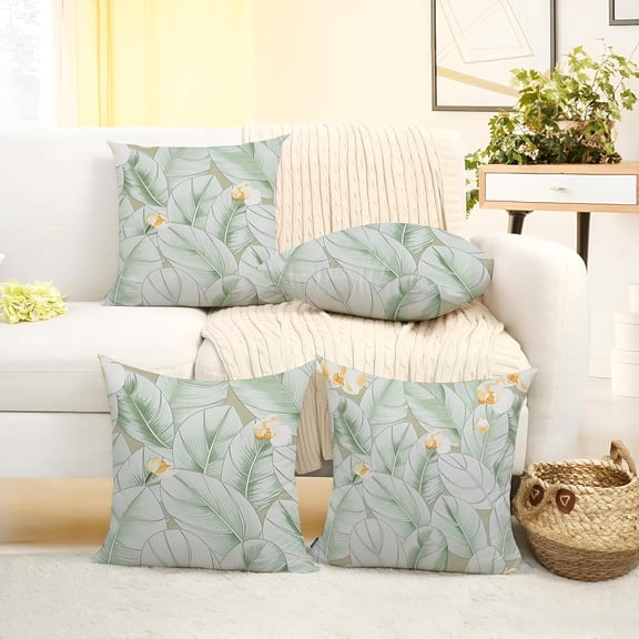 Microfiber Square Pillow Cushion For Sofa & Bed, Light Green - 16 X 16 Inch | Green Leaf Deign, Fluffy For Comfort & Back Support | Breathable, Premium Cotton Cushion Cover With Zip - Set Of 4