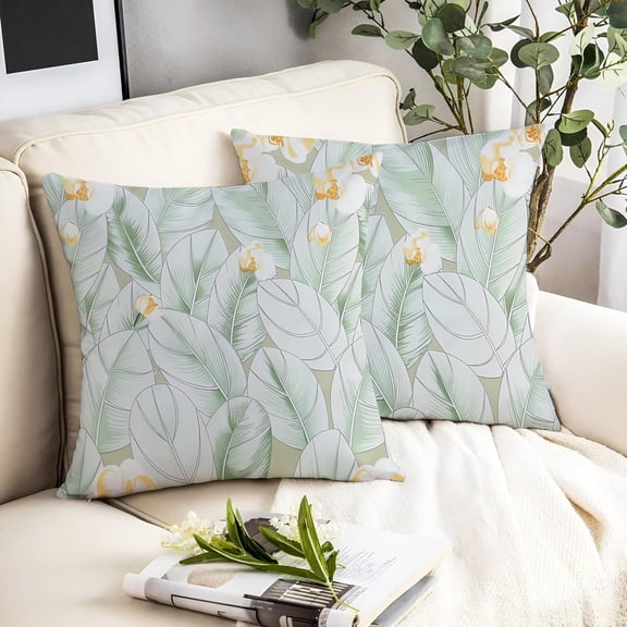 Microfiber Square Pillow Cushion For Sofa & Bed, Light Green - 16 X 16 Inch | Green Leaf Deign, Fluffy For Comfort & Back Support | Breathable, Premium Cotton Cushion Cover With Zip - Set Of 2
