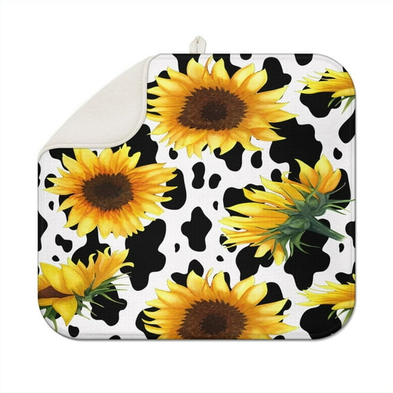 Microfiber Sunflower Dish Drying Pad for Kitchen Countertop, Foldable and Absorbent Dish Rack Mat, Summer Floral Design, 16x18 Inch