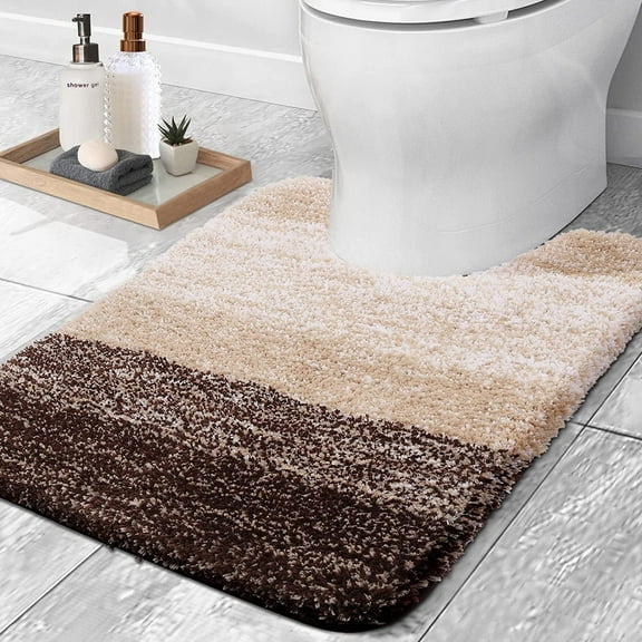 Microfiber Toilet Rugs U-Shaped, Shaggy Soft and Absorbent Bathroom Rugs, Non-Slip, Thick Plush Bathroom Mat, Machine Washable Dry Contour Bath Mats for Toilet Base, 24" x 20", Brown