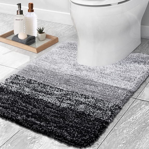 Sortora Microfiber Toilet Rugs U-Shaped, Shaggy Soft and Absorbent Bathroom Rugs, Non-Slip, Thick Plush Bathroom Mat, Machine Washable Dry Contour Bath Mats for Toilet Base, 20" x 20", Black