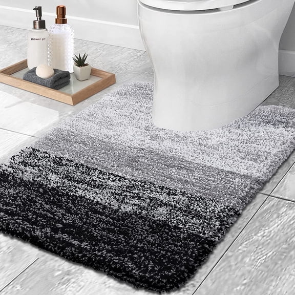 Sortora Microfiber Toilet Rugs U-Shaped, Shaggy Soft and Absorbent Bathroom Rugs, Non-Slip, Thick Plush Bathroom Mat, Machine Washable Dry Contour Bath Mats for Toilet Base, 20" x 20", Black