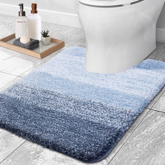 Sortora Microfiber Toilet Rugs U-Shaped, Shaggy Soft and Absorbent Bathroom Rugs, Non-Slip, Thick Plush Bathroom Mat, Machine Washable Dry Contour Bath Mats for Toilet Base, 24" x 20", Blue