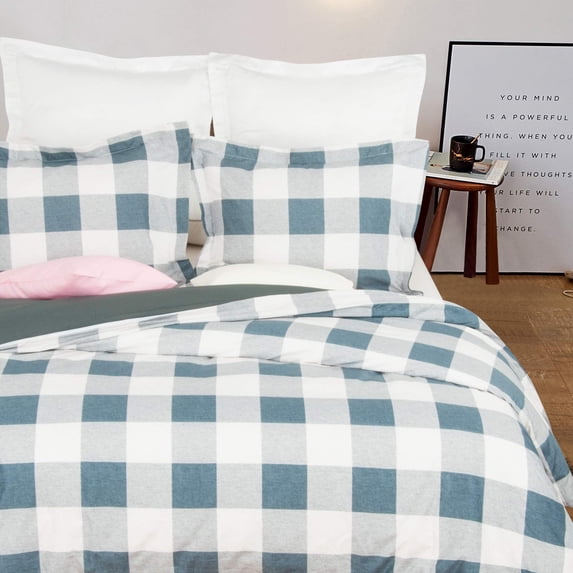Microfiber Twin Duvet Cover Set, 2 Pieces Ultra Soft Grid Printed Comforter Cover Set with Zipper Closure and Corner Ties, Blue and Grey