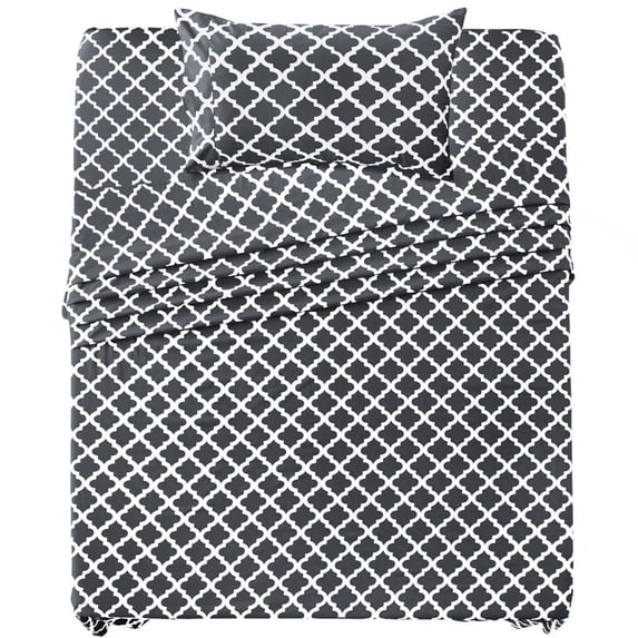 Lux Decor Twin-XL Bed Sheet Set 3 Piece, Soft Microfiber, Deep Pockets - Quatrefoil Pattern, 1 Fitted & 1 Flat Sheet, 1 Pillowcase, Black