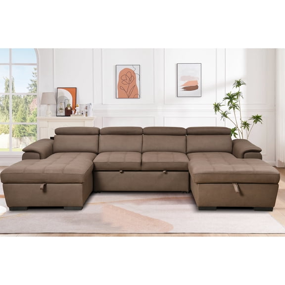 Microfiber Upholstered Sleeper With Storage, 121 Inch, Dark Brown 6 Construction And Hidden