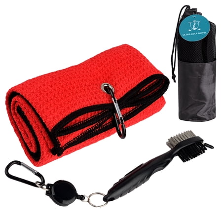 Microfiber Waffle Pattern Tri-fold Golf Towel, Brush Tool Kit with Club Groove Cleaner, Retractable Extension Cord, Clip and Pouch