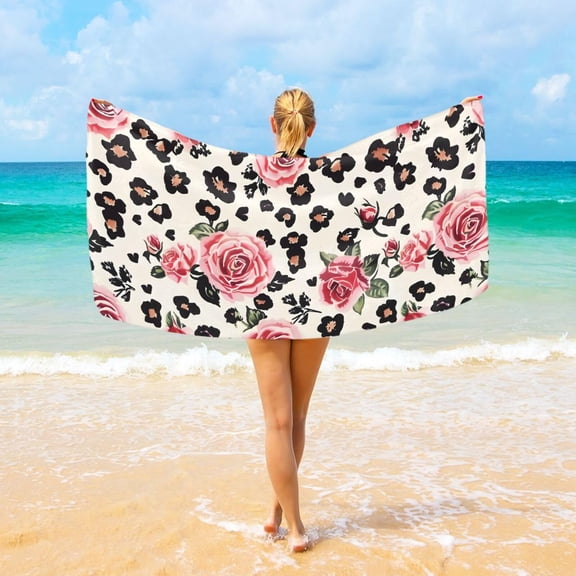 Microfiber Watercolor Pink Rose Leopard Print Beach Towel, Quick Dry Lightweight Multi Use Beach Blanket for Spa, Hotel, Bathroom & Hot Tub, 29x58in