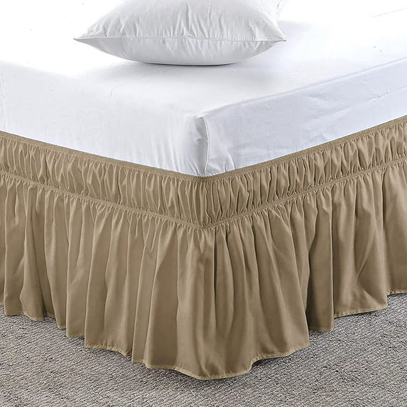 Microfiber Wrap-Around Bed Skirt, 14" Inch Drop Tailored & Easy Fit with Elastic, 100% Polyester Fabric Wrinkle-Free, Ruffle Gathered Bedskirt for Full Size Bed - Taupe Solid.