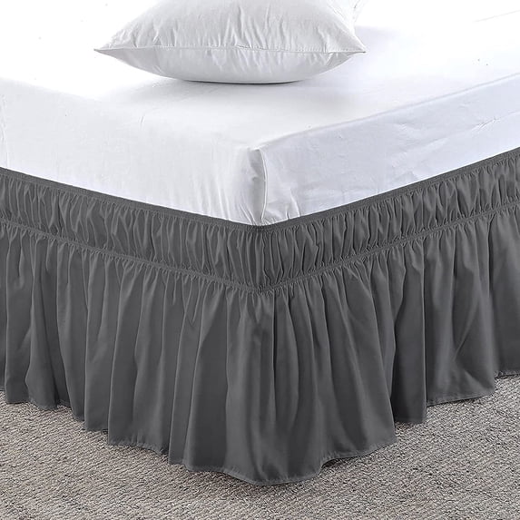 Microfiber Wrap-Around Bed Skirt, 15" Inch Drop Tailored & Easy Fit with Elastic, 100% Polyester Fabric Wrinkle-Free, Ruffle Gathered Bedskirt for Twin Size Bed - Dark Grey Solid.
