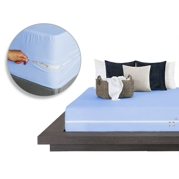 Microfiber Zipper Fitted Sheet Queen Size (60X80), 100% Microfiber 1 Piece Fitted Sheet 14" Inch Deep Pocket, Zipper Sheets Queen Size - Sky Blue Color