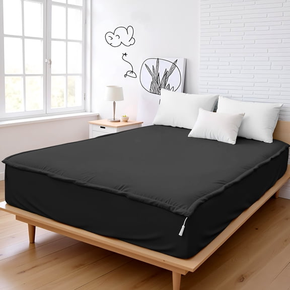 Microfiber Zipper Fitted Sheet Queen Size 60X80 - Includes 2 Zip On Sheets +1 Bottom Fitted Base - Fit's 16” In Deep Pocket - Easy to Change,Soft,Smooth -Fitted Sheet - Black Color