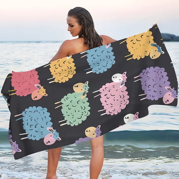 Microfiber beach towel with cute sheep pattern - modern style, super absorbent knitted fabric, summer cartoon-themed rectangular towel