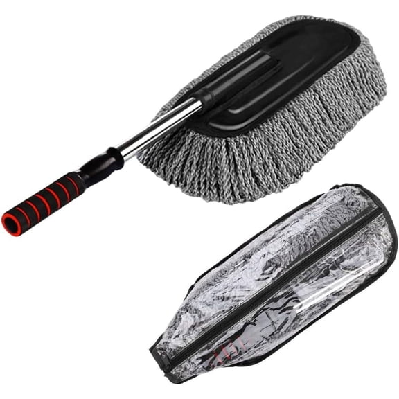 Microfiber car duster interior cleaning set, size 15.7 inches, with long extendable handle, for capturing dust and pollen, suitable for cars, bicycles, RVs, boats, or home use - gray
