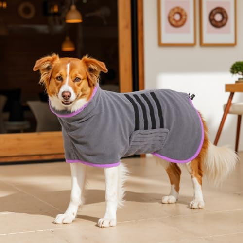 Microfibre Dog Bathrobe Towel Wrap Super Absorbent Dog Drying Coat Bath Robe for Puppy, Medium & Large Dogs, Fast Drying, Adjustable Purple,Small
