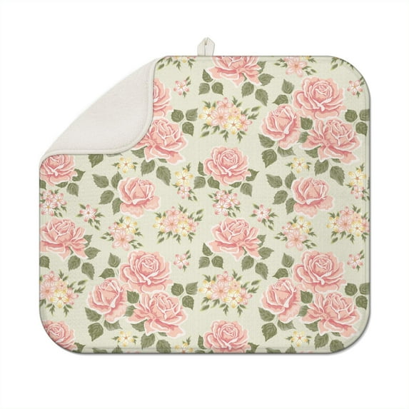 Microfibre Drying Mat for Kitchen Beautiful Pink Roses Bush Dish Drying Drainer Mat Absorbent Pioneer Drying Mat Washing Up for Glass, Plate & Cup 16inch X 18inch