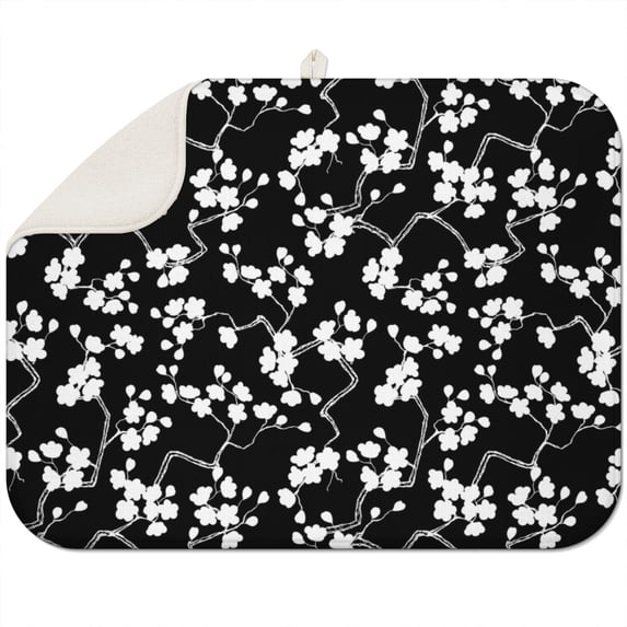 Microfibre Drying Mat for Kitchen Black and White Flowers Dish Drying Drainer Mat Absorbent Drying Mat Washing Up for Glass, Plate & Cup 16inch X 18inch