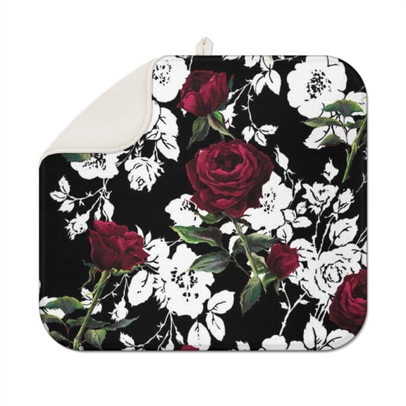 Microfibre Drying Mat for Kitchen Bloom Red and White Rose Dish Drying Drainer Mat Absorbent Pioneer Drying Mat Washing Up for Glass, Plate & Cup 16inch X 18inch