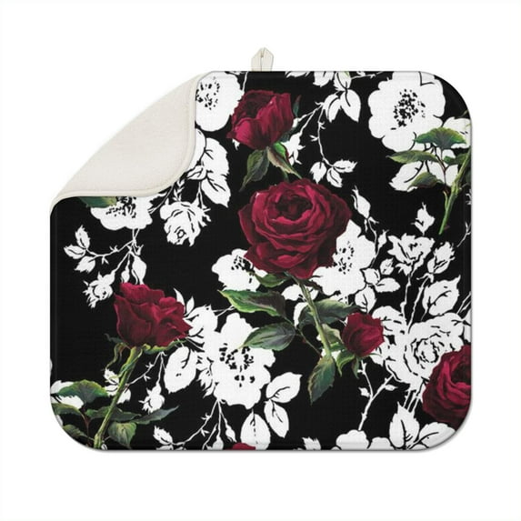 Microfibre Drying Mat for Kitchen Bloom Red and White Rose Dish Drying Drainer Mat Absorbent Pioneer Drying Mat Washing Up for Glass, Plate & Cup 16inch X 18inch