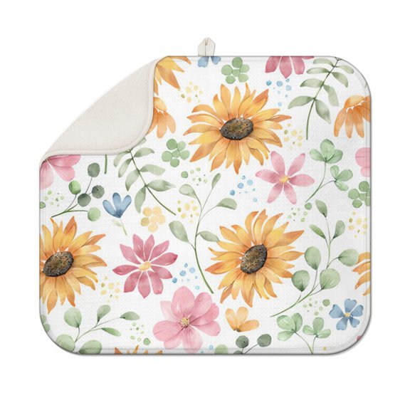 Microfibre Drying Mat for Kitchen Blossom Yellow Flowers Brown Dish Drying Drainer Mat Absorbent Drying Mat Washing Up for Glass, Plate & Cup 16inch X 18inch