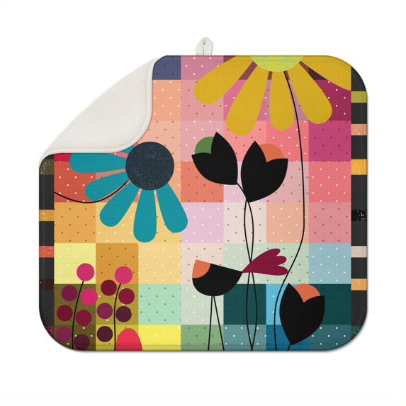 Microfibre Drying Mat for Kitchen Daisy Flower Watercolor Dish Drying Drainer Mat Absorbent Drying Mat Washing Up for Glass, Plate & Cup 16inch X 18inch