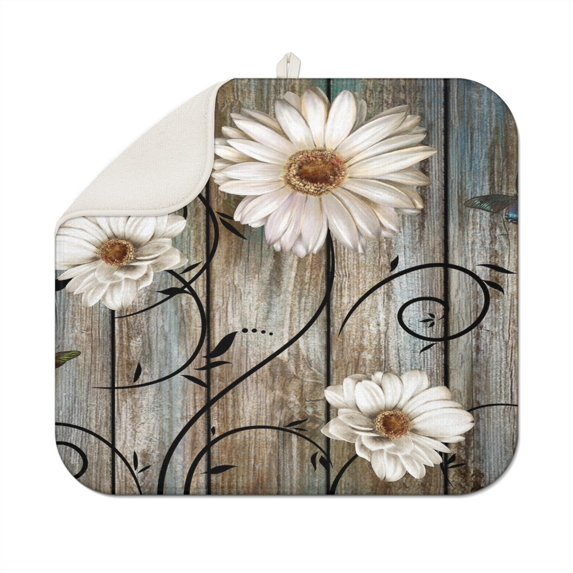 Microfibre Drying Mat for Kitchen Daisy Flower Watercolor Dish Drying Drainer Mat Absorbent Drying Mat Washing Up for Glass, Plate & Cup 16inch X 18inch