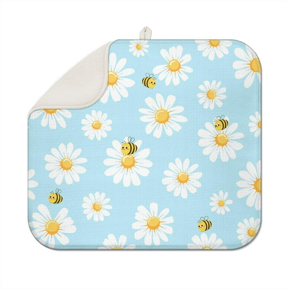 Microfibre Drying Mat for Kitchen Daisy Flower Watercolor Dish Drying Drainer Mat Absorbent Drying Mat Washing Up for Glass, Plate & Cup 16inch X 18inch