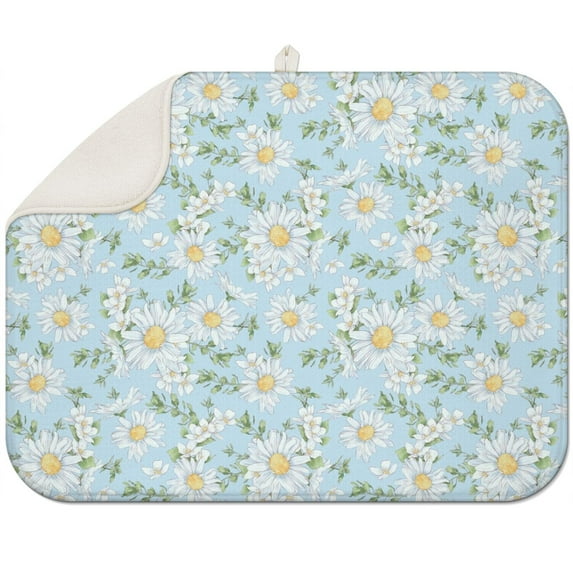 Microfibre Drying Mat for Kitchen Daisy Flower Watercolor Dish Drying Drainer Mat Absorbent Drying Mat Washing Up for Glass, Plate & Cup 18inch X 24inch