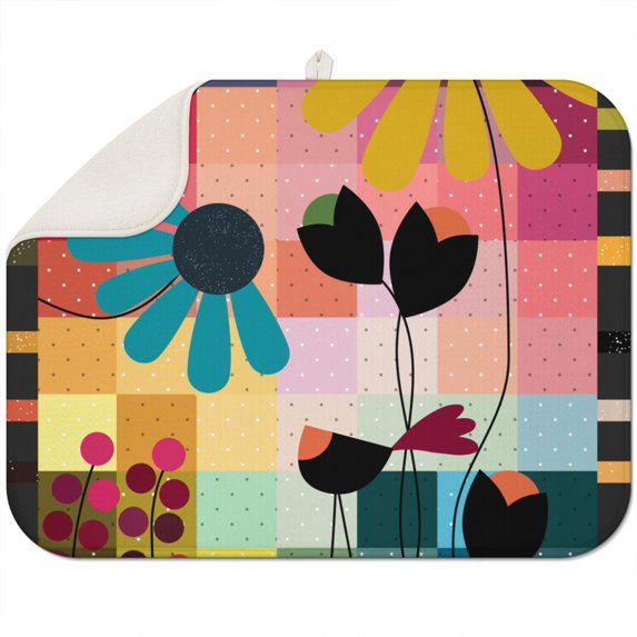 Microfibre Drying Mat for Kitchen Daisy Flower Watercolor Dish Drying Drainer Mat Absorbent Drying Mat Washing Up for Glass, Plate & Cup 18inch X 24inch