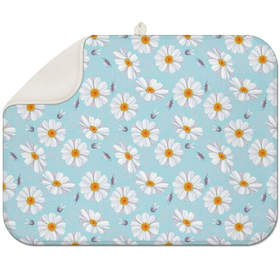 Microfibre Drying Mat for Kitchen Daisy Flower Watercolor Dish Drying Drainer Mat Absorbent Drying Mat Washing Up for Glass, Plate & Cup 18inch X 24inch
