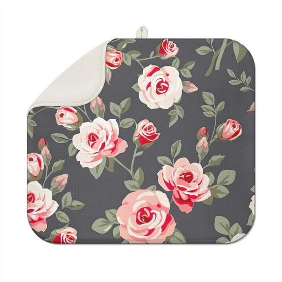 Microfibre Drying Mat for Kitchen Farmhouse Pink Floral Flowers Green Leaves Dish Drying Drainer Mat Absorbent Pioneer Drying Mat Washing Up for Glass, Plate & Cup 16inch X 18inch