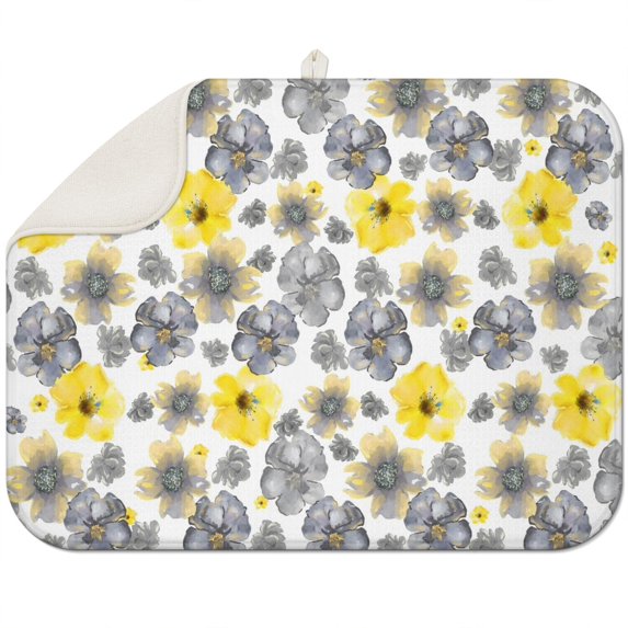 Microfibre Drying Mat for Kitchen Flower Watercolor Gray Yellow Art Dish Drying Drainer Mat Absorbent Drying Mat Washing Up for Glass, Plate & Cup 18inch X 24inch