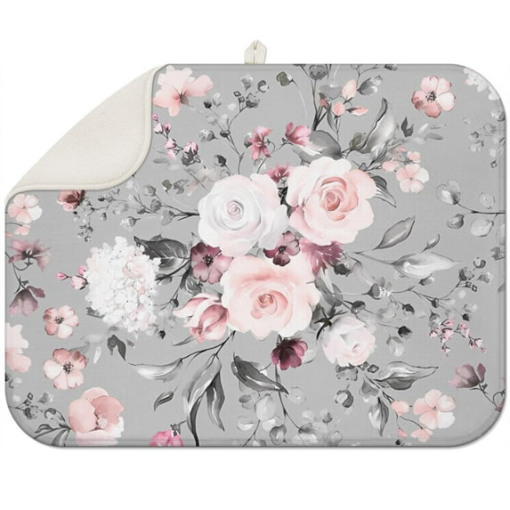Microfibre Drying Mat for Kitchen Pastel Grey Flower Floral Print Dish Drying Drainer Mat Absorbent Pioneer Drying Mat Washing Up for Glass, Plate & Cup 18inch X 24inch