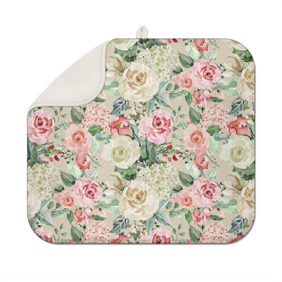 Microfibre Drying Mat for Kitchen Pink and White Gouache Floral Pattern Dish Drying Drainer Mat Absorbent Pioneer Drying Mat Washing Up for Glass, Plate & Cup 16inch X 18inch