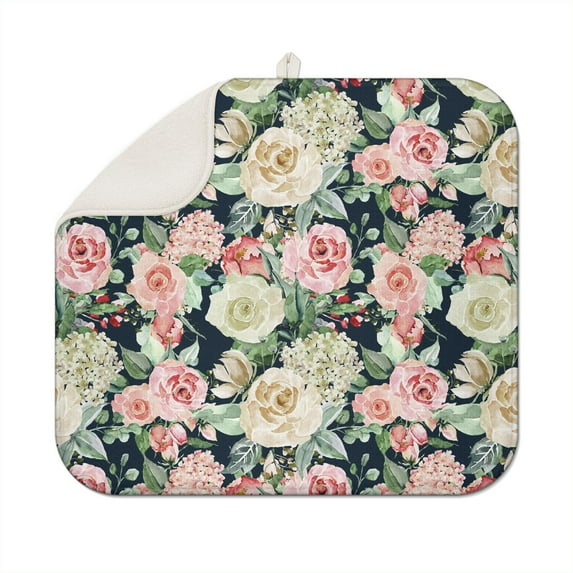 Microfibre Drying Mat for Kitchen Pink and White Gouache Floral Pattern Dish Drying Drainer Mat Absorbent Pioneer Drying Mat Washing Up for Glass, Plate & Cup 16inch X 18inch