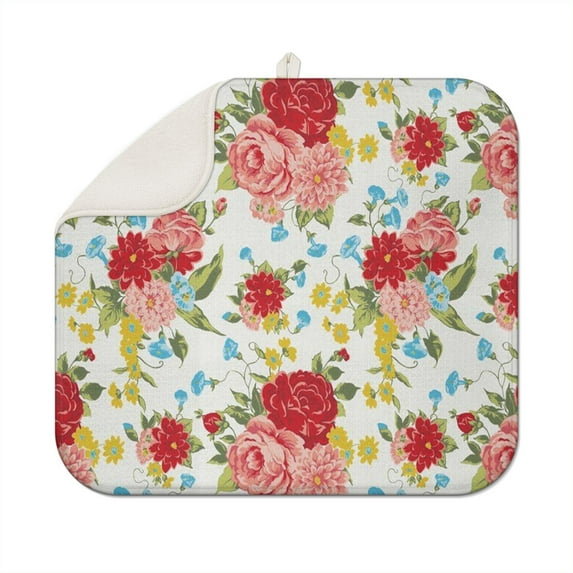 Microfibre Drying Mat for Kitchen Pioneer Dish Drying Drainer Mat Absorbent Colorful Floral Drying Mat Washing Up for Glass, Plate & Cup 16inch X 18inch