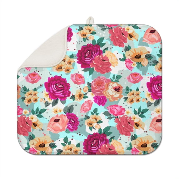 Microfibre Drying Mat for Kitchen Pioneer Dish Drying Drainer Mat Absorbent Colorful Floral Drying Mat Washing Up for Glass, Plate & Cup 16inch X 18inch