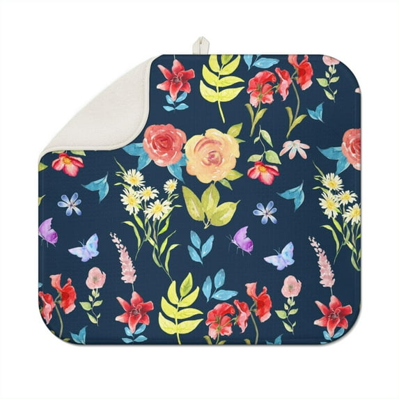 Microfibre Drying Mat for Kitchen Pioneer Dish Drying Drainer Mat Absorbent Colorful Floral Drying Mat Washing Up for Glass, Plate & Cup 16inch X 18inch