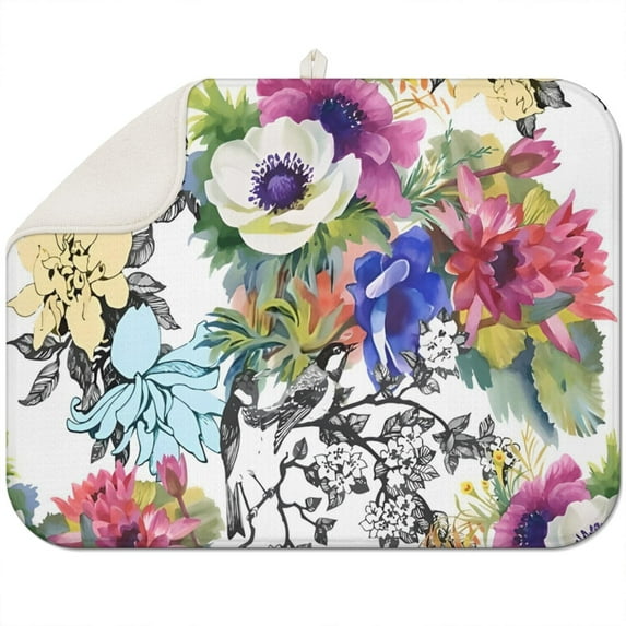 Microfibre Drying Mat for Kitchen Pioneer Dish Drying Drainer Mat Absorbent Colorful Floral Drying Mat Washing Up for Glass, Plate & Cup 18inch X 24inch