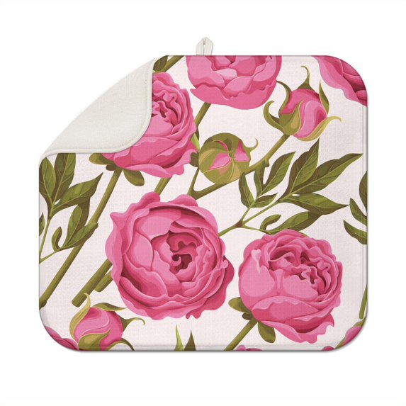 Microfibre Drying Mat for Kitchen Red Fresh Wild Peony Flower Dish Drying Drainer Mat Absorbent Pioneer Drying Mat Washing Up for Glass, Plate & Cup 16inch X 18inch